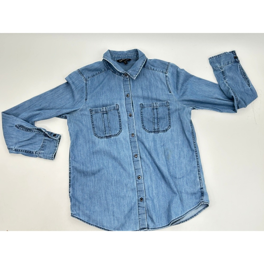 Express Womens Light Wash Denim Button Down Shirt Small Dual Pockets Cotton - Picture 3 of 8